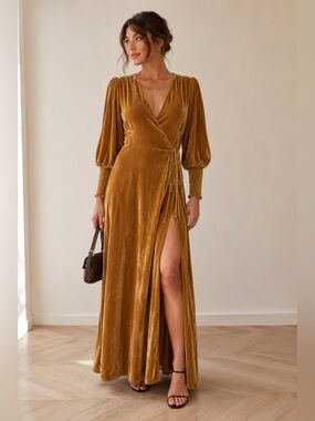 Reformation Mandi Velvet Wrap Maxi Dress Gold Mustard Silk Blend